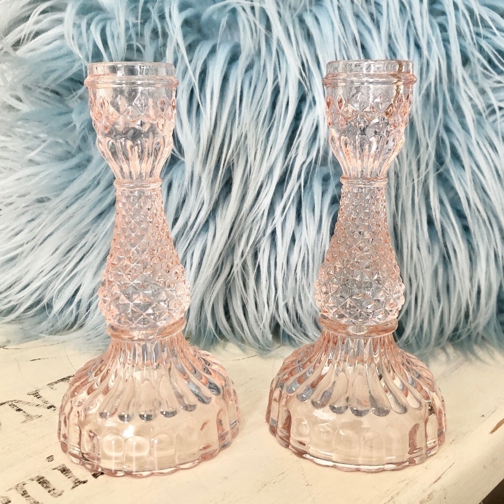 Candle Stick Holders, Taper, Pink, Glass, Set of 2, Very Nice Condition